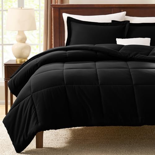CozyLux Queen Comforter Set Black - 3 Pieces Box Stitched Comforters Queen Size, Soft Bed Set for All Seasons, Lightweight Bedding Sets with 1 Down Alternative Comforter and 2 Pillow Shams (Pack of 2)