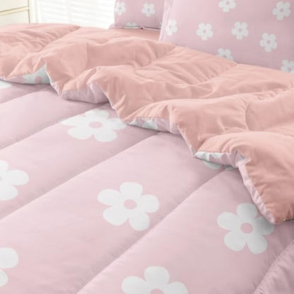 Pink Twin Bedding Sets for Girls Cute Floral Comforter Set with Sheets, 5 Pieces Kids Girl Bed in a Bag Room Decor, White Pink, Twin Size