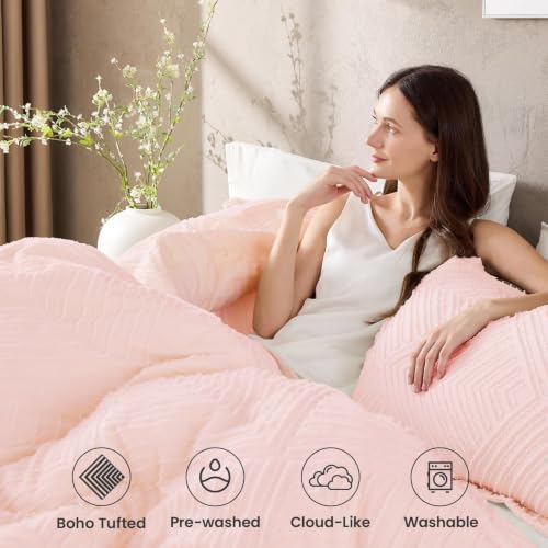 JOLLYVOGUE Twin/Twin XL Comforter Set, Boho Tufted 2PCS Bed Set, Pink
