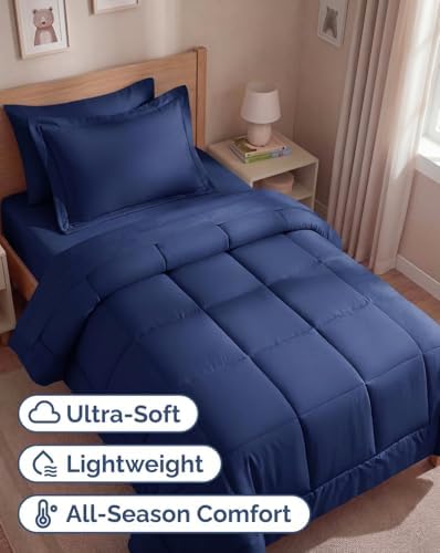 Twin Comforter Set - 5 Piece Bed in a Bag Twin Size Bed Set - Navy Blue
