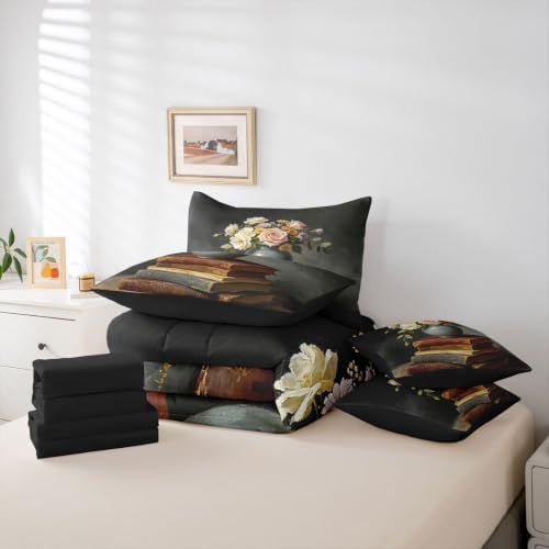 Erosebridal Vintage Book 7 Piece Bedding Set King Flower Comforter Set with Sheets Ancient Books Bed in a Bag Retro Plants Bed Sets Comforter