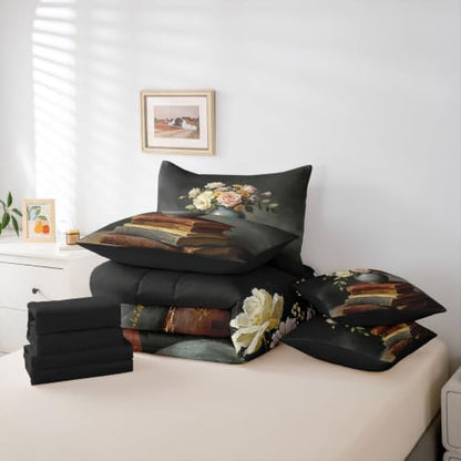 Erosebridal Vintage Book 7 Piece Bedding Set King Flower Comforter Set with Sheets Ancient Books Bed in a Bag Retro Plants Bed Sets Comforter