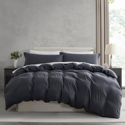 Hearth & Harbor Prewashed Queen Duvet Cover Set, Dark Grey