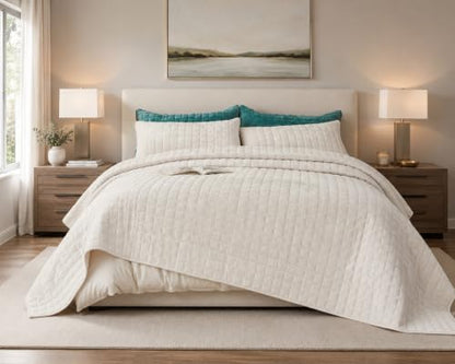 Quilt Set Queen Size 90x98 Luxurious Velvet Bedding Sets with 2 Pillow Shams 20x26 3 Pieces Ultra Soft Quilted Bedspread Coverlet Comforter for All Season,Cream