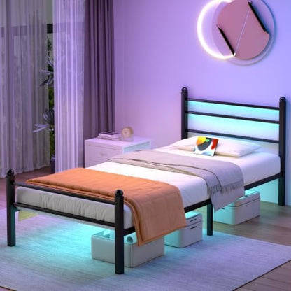 J.Fkne Twin Bed Frames with LED Lights & Charging Station, Platform Bed with Headboard, Heavy Duty Metal Slats Support, No Box Spring Needed, Noise Free, Easy Assembly