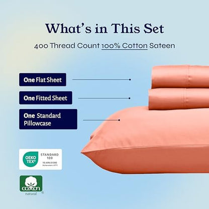 California Design Den Twin XL Sheets Set - Soft 400 Thread Count Sateen, Natural 100% Cotton Bed Sheets Twin XL, Deep Pockets with All Around Elastic for a Snug Fit, Durable Bedding - Bright Salmon