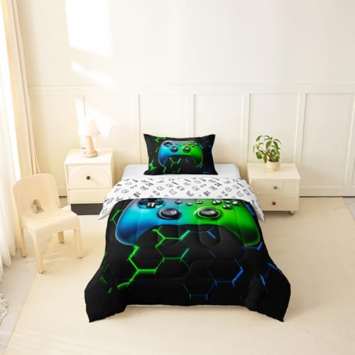 Gaming Reversible Comforter Set Honeycomb Hexagon Bedding Set for Kids Adults Video Game Controller Comforter Cool Gamepad Geometric Quilted Duvet Set Bedroom Collection Twin Size 2Pcs,Green and Blue