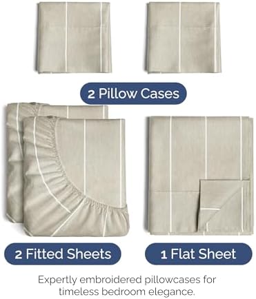 Split King Size 5 Piece Sheet Set - Soft & Cooling Sheets - Beige Stripes 4