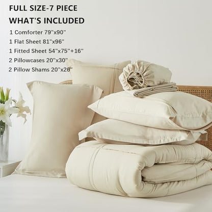 Yogeneg Full Size Comforter Set 7 Piece Bed in a Bag,Grid Pinch Pleat Beige Bedding Set,Striped Textured Soft Microfiber Comforter with Sheet Set,All Season Complete Bed Set(Beige,Full)