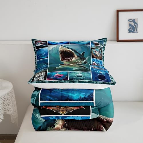 Teens 3D Shark Print Comforter Set Queen Size,Shark Geometric Grid Bedding Set for Kids Boys Girls Bedroom Decoration,Sea Animals Bed Duvet Insert,Underwater World Comforter with 2 Pillowcases