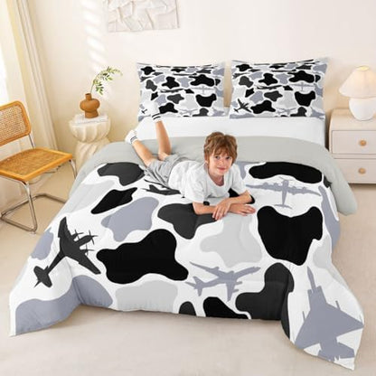 Feelyou Gray Airplane Kids Comforter Set Queen Size Camouflage Aircraft Bedding Set Camo Military Duvet Quilt for Kids Boys Girls Bedroom Decor Microfiber Ultra Soft Breathable