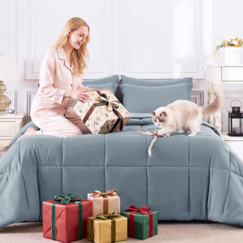 CozyLux Super King Comforter Set, 7-Piece Bed in a Bag, Grayish Blue