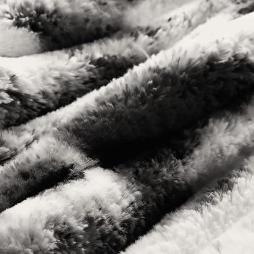 Wonderful Fluffy Faux Rabbit Fur Comforter Set Queen Size, Striped Stitching Tie-Dye Black Plush Fuzzy Bedding Set 3 Pieces, Warm Soft Comforter Bedding Set for Winter, 90"x90"