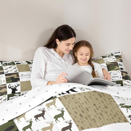 Castle Fairy Grid Comforter Set Queen Size for Kids Teens Boys Home Decor,Camo Deer Antler Arrows Bedding Outdoor Adventure Quilt Bear Elk Animal Duvet Insert with 2 Pillowcases,Army Green White