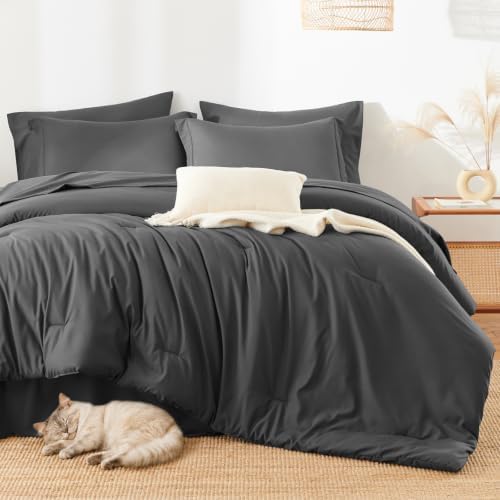 HIMEET Queen Comforter Set, 7-Piece Point-Quilted Bed in a Bag Dark Grey