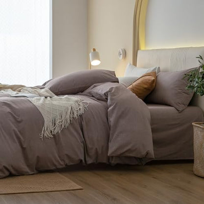 JIYUAN Full Washed Cotton Duvet Cover Set, 3-Piece, Relaxed Linen Feel