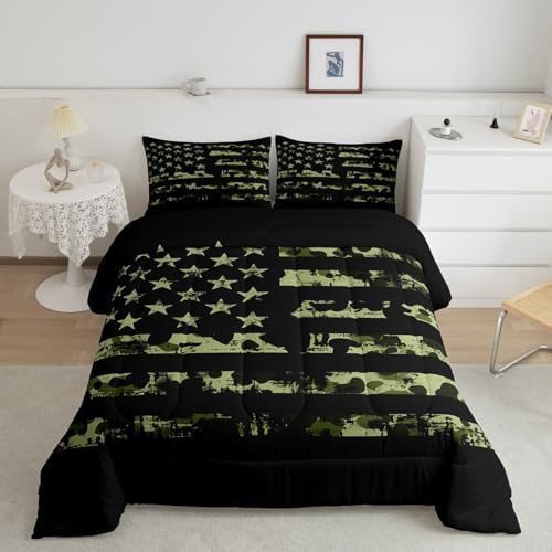 Erosebridal American Flag Bedding Set, Camouflage Comforter Set Twin for Kids Boys Teens Adult, USA Federations Stars Duvet Sets Geometric Stripes Camo Down Comforter for Bedroom Decor, Army Green