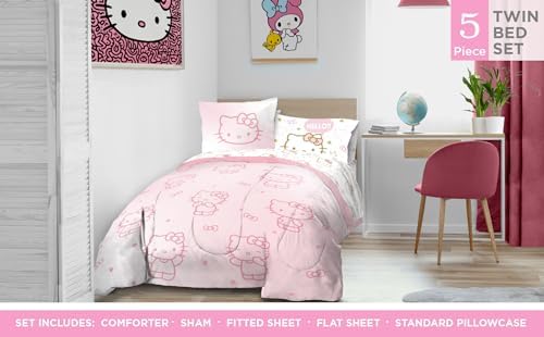 Sanrio Hello Kitty Twin Comforter Set 5 Piece Bedding for Girls, Pink