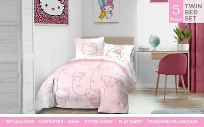 Sanrio Hello Kitty Twin Comforter Set 5 Piece Bedding for Girls, Pink