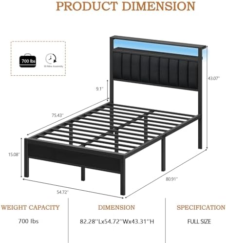 Furnulem Full Size Bed Frame with Charging Station and LED Lights
