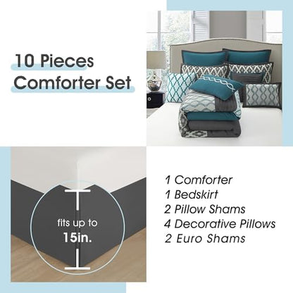LANCO MODERN LIFESTYLE King Size Comforter Set, Blue, 10 Piece Bed in a Bag for All Seasons, Luxury Extreme Comfort Bedding Sets with Bedskirt, Pillow Shams, Euro Shams and Decor Pillows