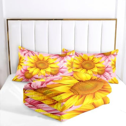 CCoutueChen Girls Sunflower Comforter Set Queen Size, Pink Yellow Soft Microfiber Bedding Set, 3 Pcs Cozy Oil Painting Bedroom Decor Quilted for Adult Women, 90"x90"