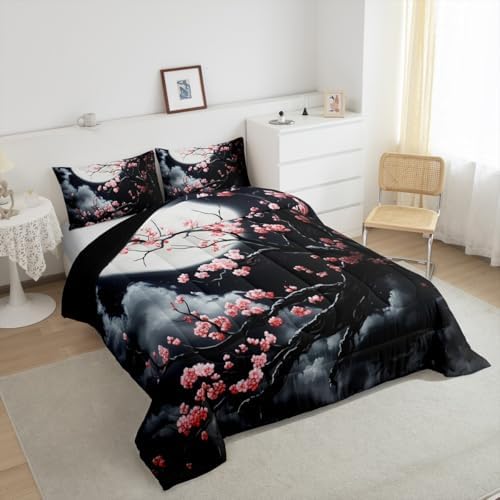 Pink Sakura Kids Comforter Set Twin Size,Cherry Blossom Moonlight Cloud Moon Bedding Set,Girls Boys Room Decor,Ukiyoe Japanese Romantic Quilt Comforter,Vintage Chic Duvet Insert,1 Pillowcase