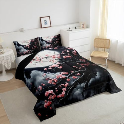 Pink Sakura Kids Comforter Set Twin Size,Cherry Blossom Moonlight Cloud Moon Bedding Set,Girls Boys Room Decor,Ukiyoe Japanese Romantic Quilt Comforter,Vintage Chic Duvet Insert,1 Pillowcase