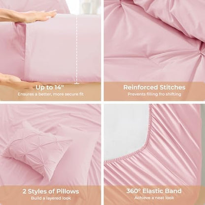Sasttie Oversized Queen Comforter Set, 7-Piece Bed in a Bag, Pintuck Bedding Sets for All Season, Includes Comforter, Flat Sheet, Fitted Sheet, Pillowcases and Pillowshams, Baby Pink