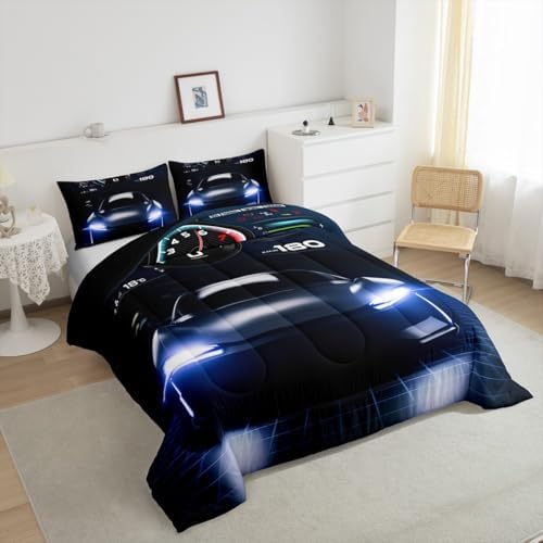 Erosebridal Teens Race Car Comforter Set Full Size, Kids Cool Speed Racing Car Quilt Set, Extreme Sport Bedding Set for Boys Youth Adult Bedroom, Black Automobile Quilted Duvet for Bedroom