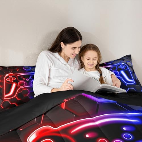 Erosebridal Gaming Comforter Set Neon Honeycomb Gamer Girl Toddler Bedding Set, Retro Game Console Comforter Red Blue Hexagon Lights Quilt,Gaming Decor for Boys Bedroom