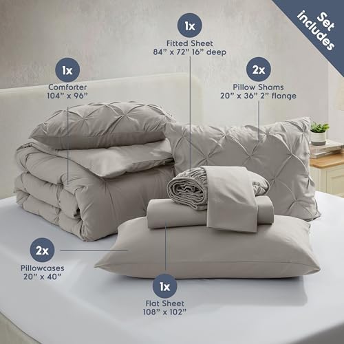 Nestl 9 Piece California King Comforter Set – Linen Pinch Pleated Bed in a Bag – Complete Cal King Size Bedding Set with Sheets, Set of 2 Cooling Pillows, Pillowcases and Shams