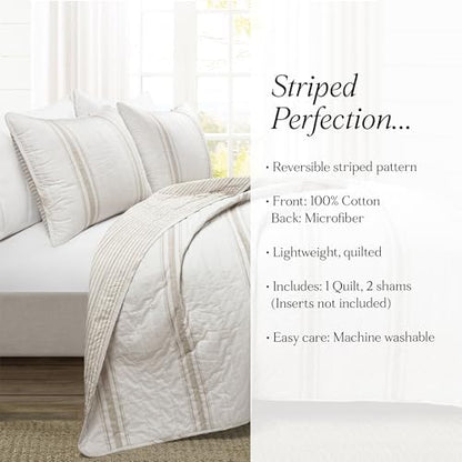 Lush Decor Farmhouse Stripe Reversible Cotton Quilt Queen Size 3 Piece Set Full/Queen Neutral - Farmhouse Bedding Set Queen Quilt - Striped Bedding