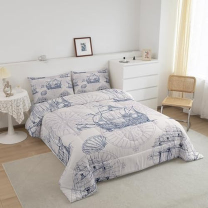 Nautical Comforter Set Sailboat Down Comforter Full,Blue White Vintage Style Quilted Duvet Set Luxury Anchor Crab Pattern Bedding Insert Set for Kids, Adult Teen Boys Girls Bedroom Ocean Beach Decor