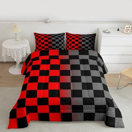 Feelyou Checkered Retro Kids Comforter Set Queen Size Geometric Vintage Bedding Set Red Grey Duvet Quilt for Kids Boys Girls Bedroom Modern Groovy Aesthetic Decor