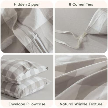 JIYUAN King Washed Cotton Duvet Cover Set, 3-Piece, Buffalo Check