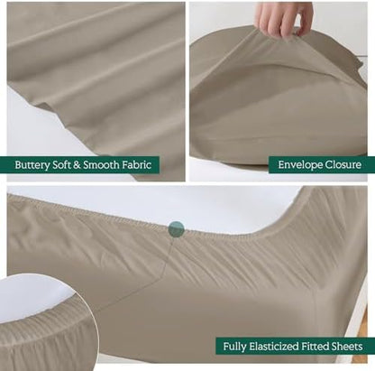 Cooling Sheets Set Full Size, Viscose Derived from Bamboo for Hot Sleepers | Deep Pocket Up to 15 Inch | Silky Soft & Breathable Bedding - 4PC (Full, Simply Taupe)