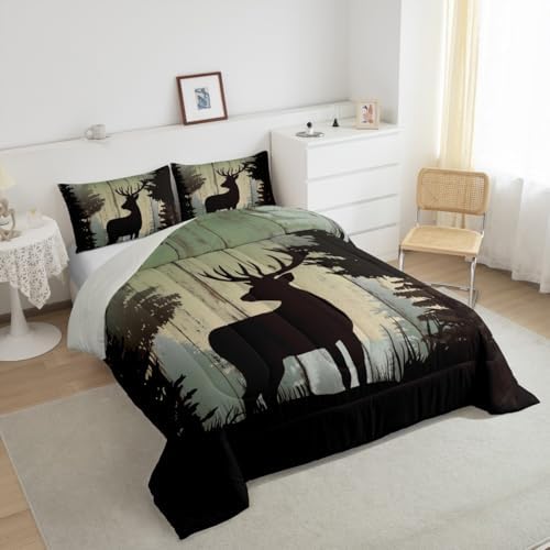 Castle Fairy Deer Hunting Comforter Set King Size,Rustic Farmhouse Wooden Bedding Set 3pcs for Kids Teens Adults Room Decor,Pine Botanical Animals Silhouette Quilted Duvet Retro Brown Bedspread