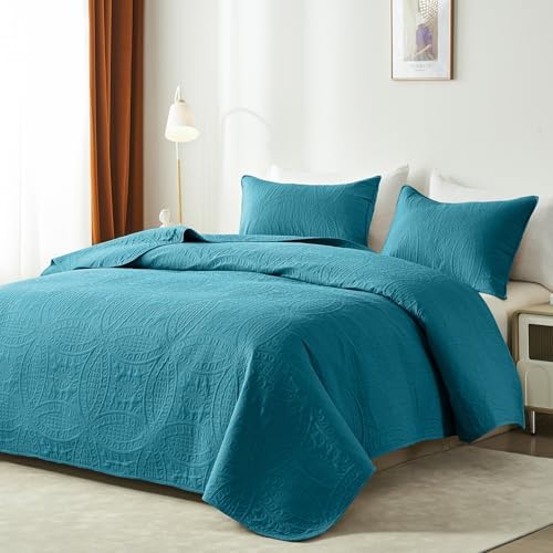 akkialla Teal Full/Queen Quilt Set, Ultrasonic Lightweight Bedspread Coverlet for Modern Minimalist Bedroom, Soft Microfiber Coin Pattern Bedding, 3-Piece (1 Quilt, 2 Pillow Shams)