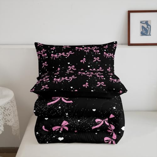 jejeloiu Pink Bow Comforter Set Toddler Size Bowknot Bedding Set for Kids Boys Girls Butterfly Bowknot Duvet Quilt Bow-tie Bedroom Decor Microfiber 2 Pcs with 1 Pillow Cases