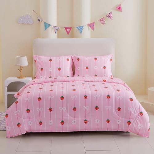 Yibeizi Pink Strawberry Comforter Set for Girls Twin Bow Striped Bedding