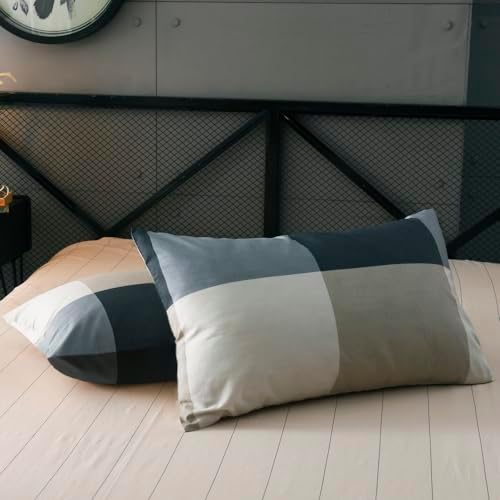 mixinni Twin Size Checkered Duvet Cover Set - 3 Piece Grey Geometric Cotton Bedding Set with Zipper Closure & Corner Ties, 100% Washed Cotton Soft Breathable Duvet Cover for Men, Women, Teens (Twin)