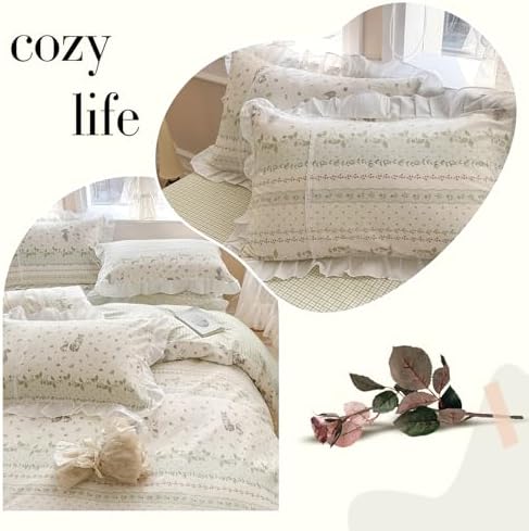 VM VOUGEMARKET Ruffle Duvet Cover Twin with Leaves Rabbit Pattern Reversible Green Grid Duvet Cover with Zipper Ties 100% Cotton Romantic Girls White Lace Comforter Cover with 2 Pillow Shams