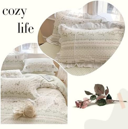 VM VOUGEMARKET Ruffle Duvet Cover Twin with Leaves Rabbit Pattern Reversible Green Grid Duvet Cover with Zipper Ties 100% Cotton Romantic Girls White Lace Comforter Cover with 2 Pillow Shams