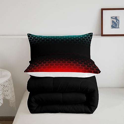 Red Blue Ombre Bedding Set Queen, Geometric Honeycomb Comforter Set Abstract Ombre Honeycomb Comforter Beehive Hexagon Duvet Set with 2 Pillow Case