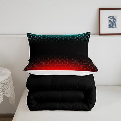 Red Blue Ombre Bedding Set Queen, Geometric Honeycomb Comforter Set Abstract Ombre Honeycomb Comforter Beehive Hexagon Duvet Set with 2 Pillow Case