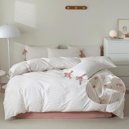 VM VOUGEMARKET Full Duvet Cover Set,3 Pieces Pink Flower Stripes Prints Duvet Cover with 2 Bowknot Pillowcases Vintage Floral Bedding Set Full Size 80"x90",Off-White/Cream