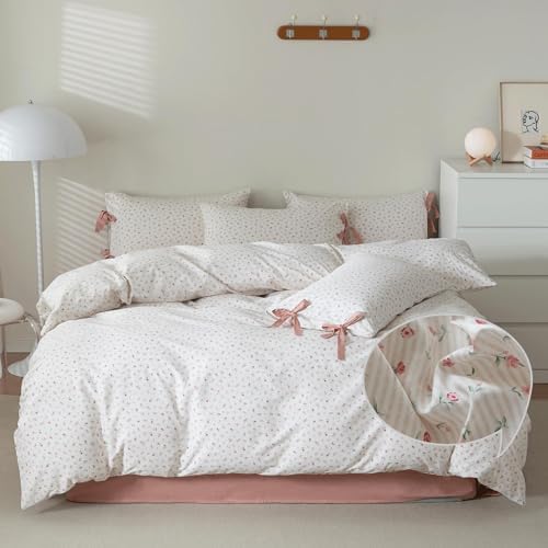 VM VOUGEMARKET Flower Duvet Cover King Vintage Garden Pink Floral Bedding Set for Girls Women 100% Cotton 3 Pieces Stripes Comforter Cover with Zipper Ties,Off-White/Cream