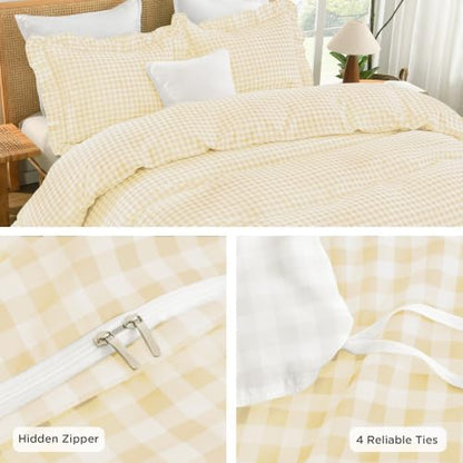 Andency Yellow Gingham Duvet Cover King, Ruffle Shabby Bedding Set 3 Pcs