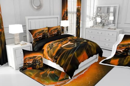 Feelyou Kids Sports Car 7 Piece Bedding Set King Size Orange Race Car Comforter Set with Sheets for Kids Teens Boys Girls Extreme Sports Theme Bed in a Bag Speed Luxury Car Bed Set